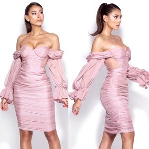 Miss Circle pink Silk Pleated Off Shoulder Balloon Sleeves Dress
